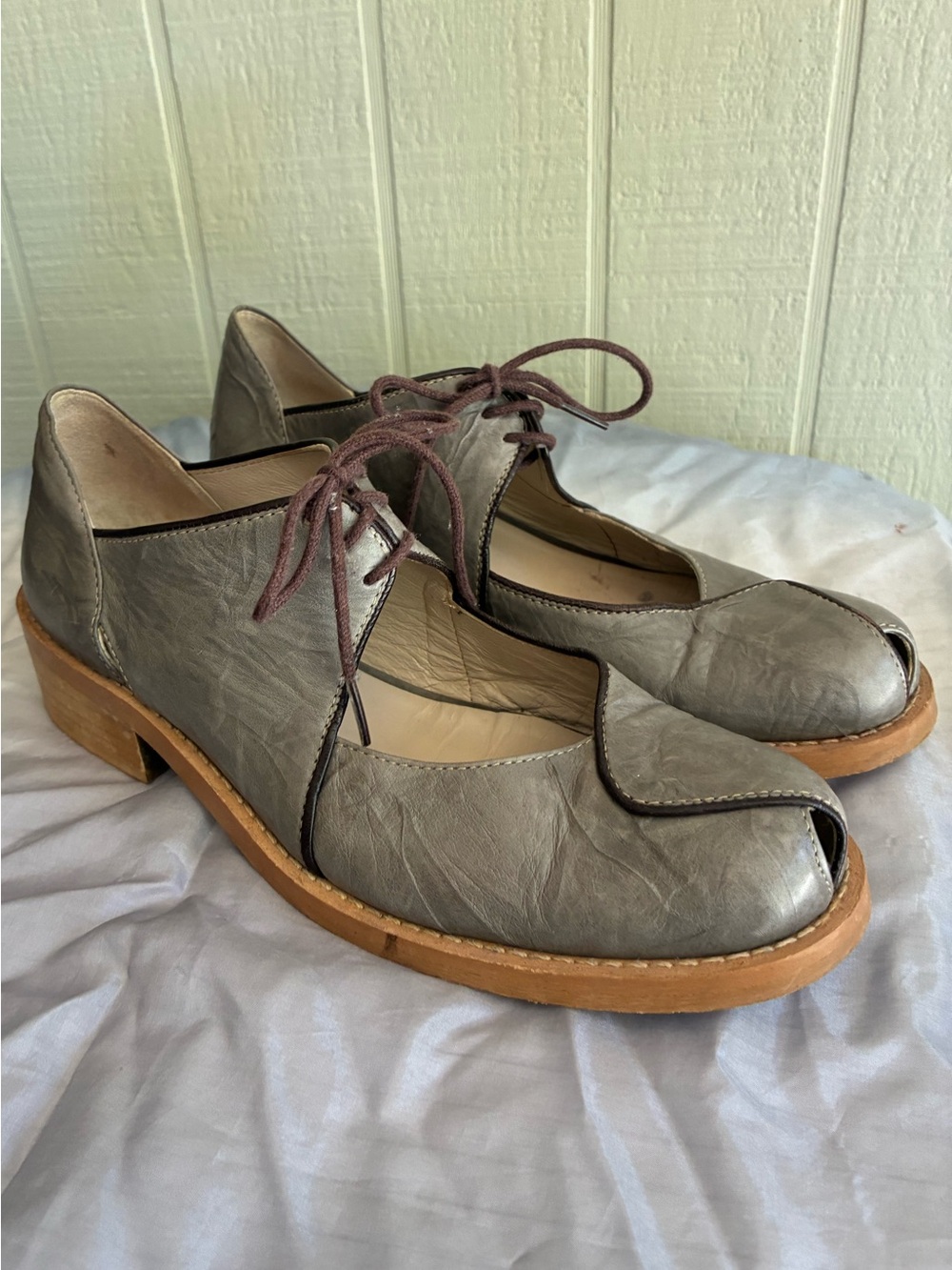 Giraudon New York Gray Leather Lace-Up Peep-Toe Women's Shoes Size EU37.5 US 7.5